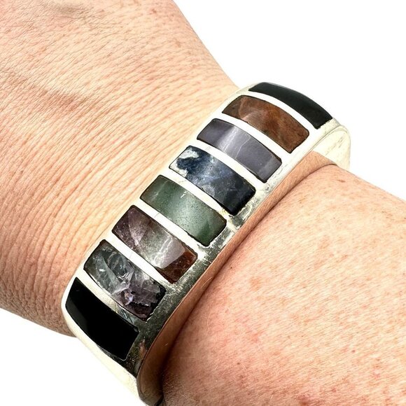 Vintage Mid Century Taxco Mexico Multi Gemstone Sterling Silver Cuff Bracelet